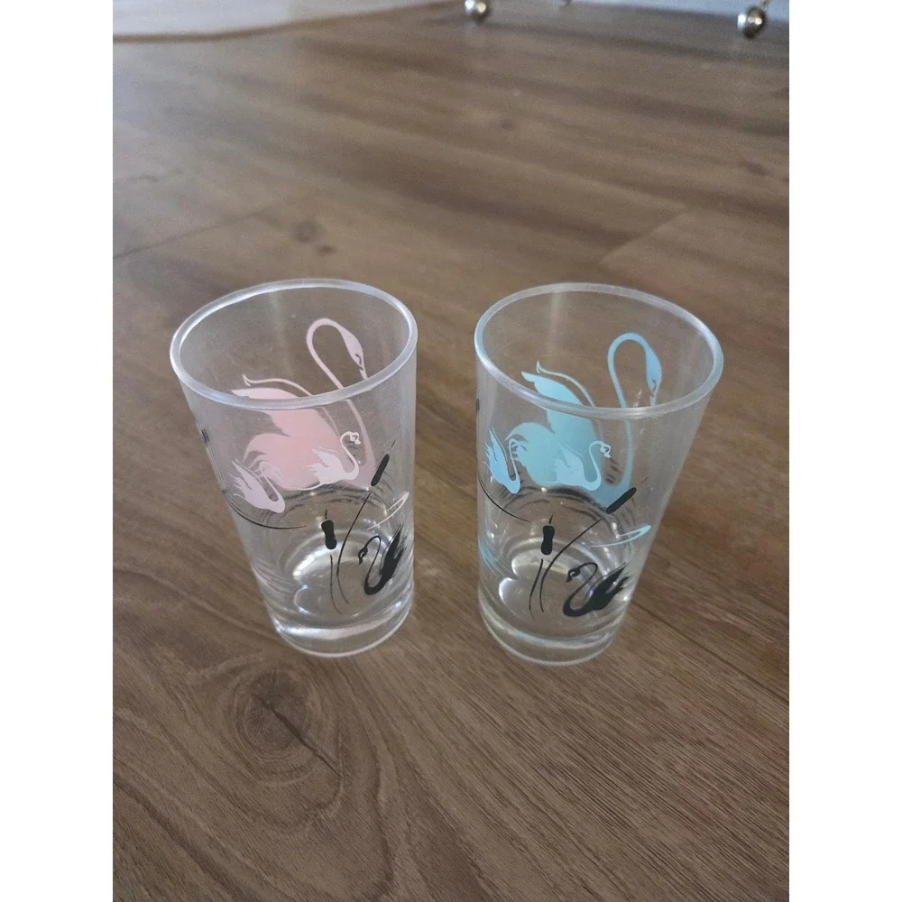 Vintage MCM Swan Highball Glasses Set of 2 Pink Blue Black Pastel‎ Barware